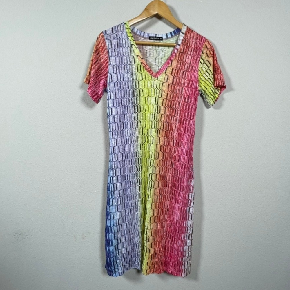 David Cline Dress Womens Size M Multi Color Zigzag Crinkle Midi Artsy Coastal